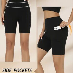 Women's High-Waisted Tummy Control Yoga Bike Shorts 6" Inseam Black Large